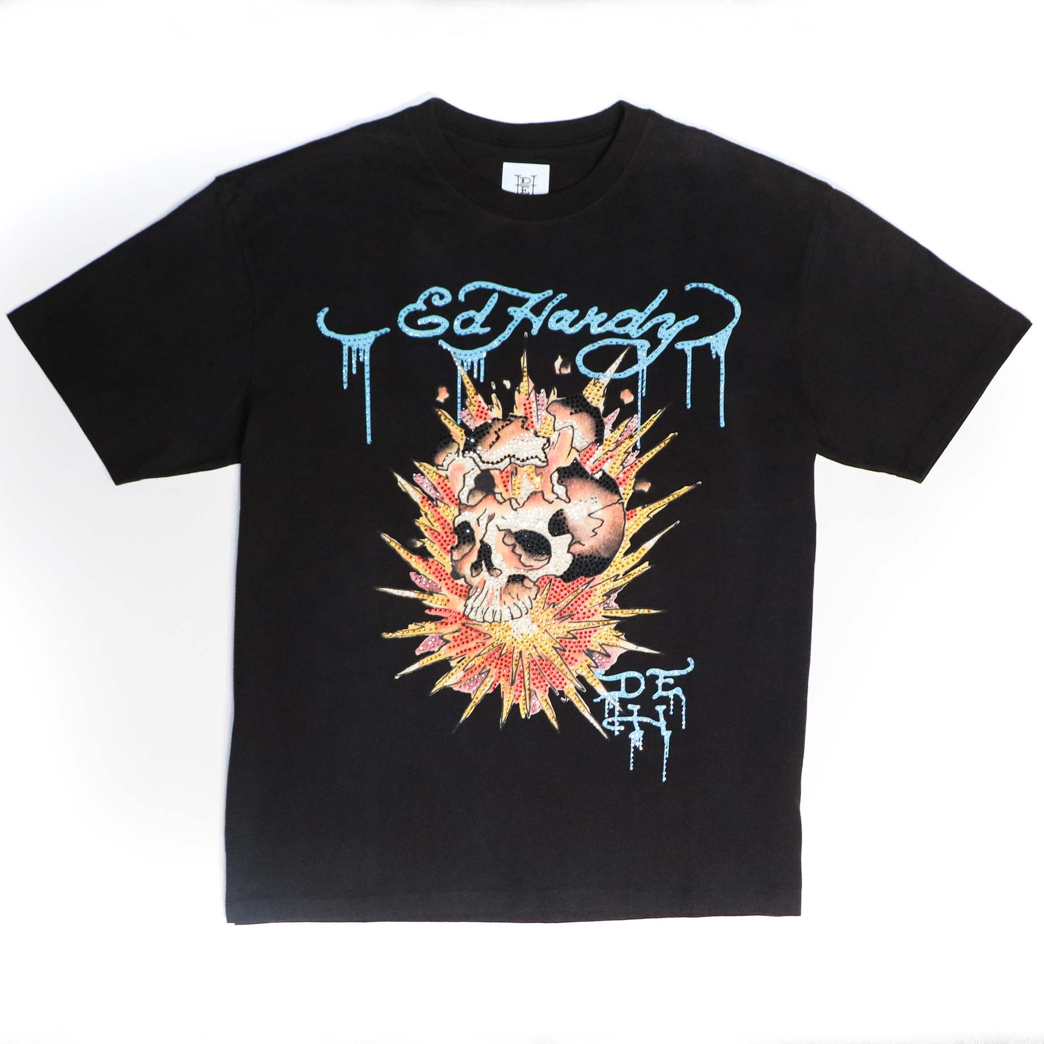 edhardyoriginals S / FADED BLACK Limited Edition— Fire Skull Rhinestone Tee